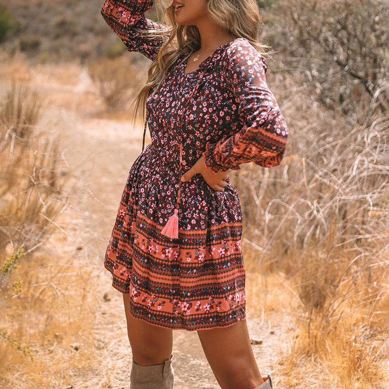 Printed V-neck Lantern Long Sleeve High Waist Casual Dress