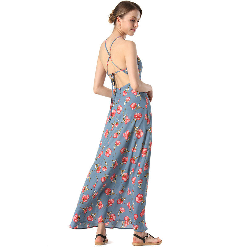Sexy Open-Back Lace-Up Beach Dress Hollow Print Long Skirt