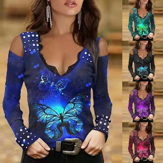 Women V-neck Lace Long-sleeved Butterfly Print Gradient T-shirt