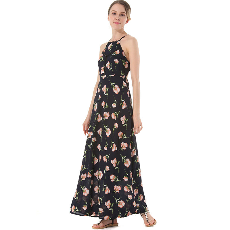 Sexy Open-Back Lace-Up Beach Dress Hollow Print Long Skirt