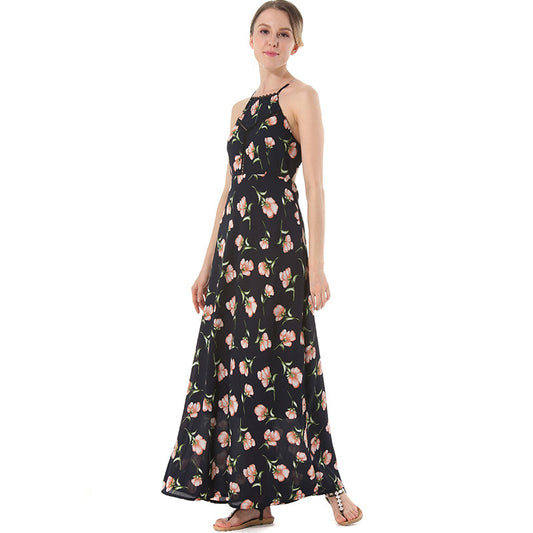 Sexy Open-Back Lace-Up Beach Dress Hollow Print Long Skirt