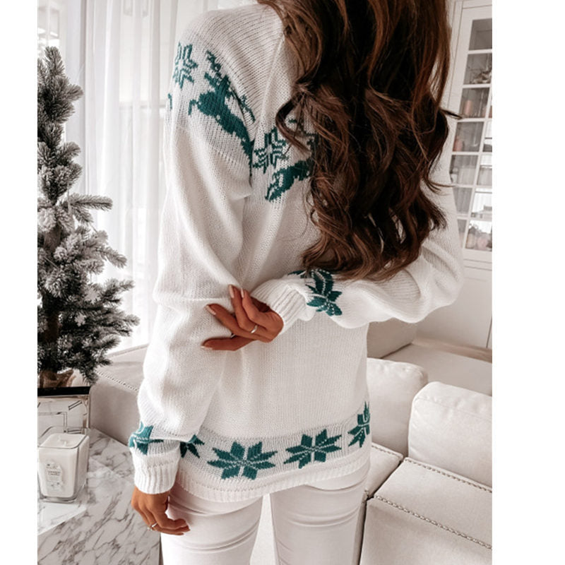 Elk Partial Jacquard Ladies Knitted Long-sleeved Top