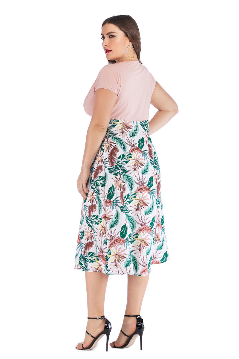 Summer New V-neck Printed Stitching Short-sleeved Dress