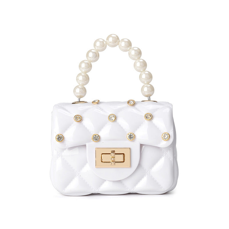 Children's Jelly Bag Rhombic Chain Pearl Handbag