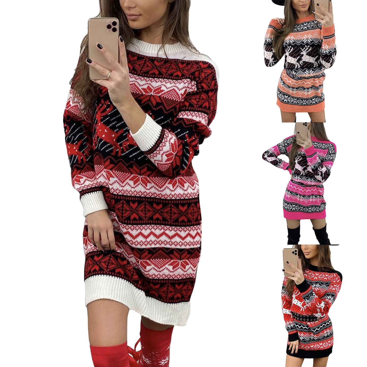 Elk Christmas Jacquard Long Sleeve Woolen Dress For Women
