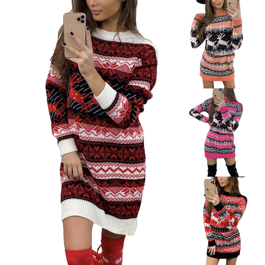 Elk Christmas Jacquard Long Sleeve Woolen Dress For Women