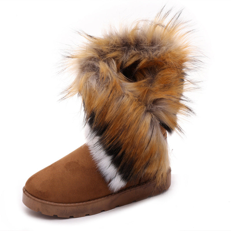 Women Winter Snow Boots Thick Fluffy Fox Fur Waterproof Non-slip Warm Cotton