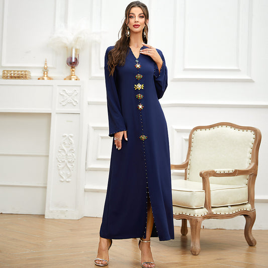 Navy Blue Neckline Seam Drill Temperament Slim Slim Robe Dress