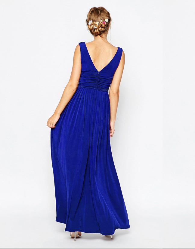 V-Neck Large Sleeveless Back Zipper Pleated Long Dress